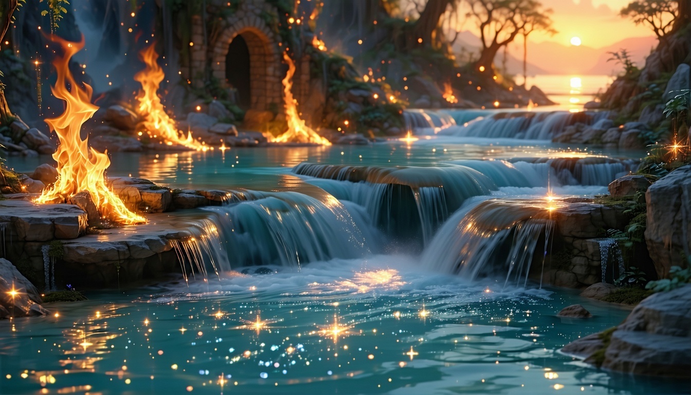 A radiant highfrequency landscape infused with balance and brilliance The scene flows with glistening water cascading gently through a golden valley reflecting stars and sparkles that drift like quantum light codes In the background a soft sunrise gl-1