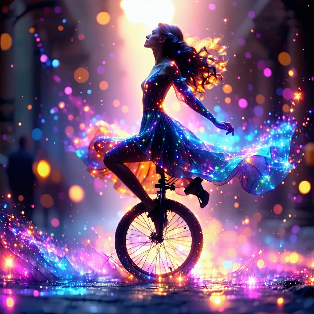 A multidimensional ethereal version of a woman riding a unicycle surrounded by radiant sparkling energy She is glowing with vibrant colors embodying strength and grace Geometric patterns shimmer around her and the atmosphere is filled with cosmic lig