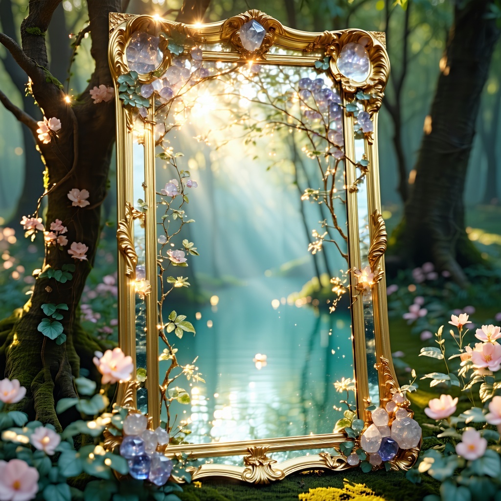 In the middle of a soft sunlit clearing stands a vintage mirror tall and elegantly framed in glowing antique gold The frame is ornate but gentleetched with vines floral flourishes and subtle sacred geometry that catch the light in soft flashes of ros-2